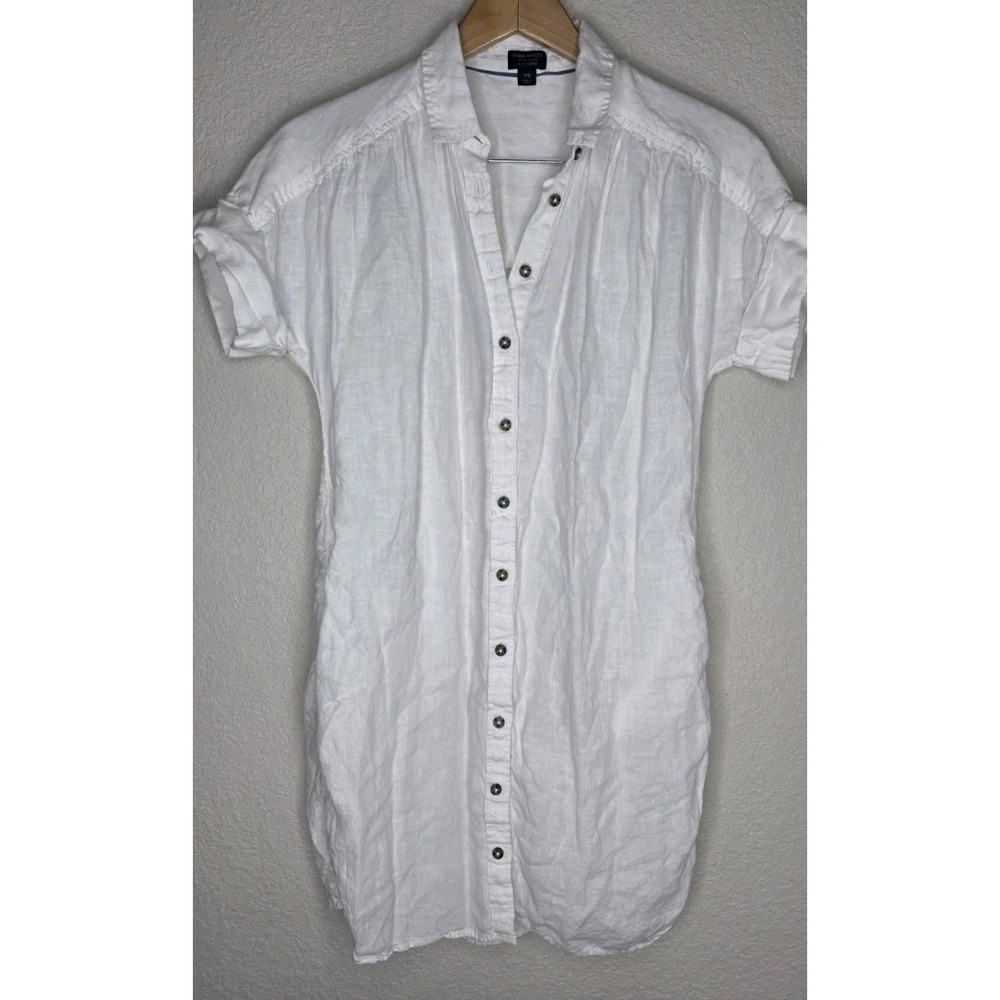 J Crew Baird McNutt Shirt Dress‎ Irish Linen White Pockets Button Cuff Sleeve XS